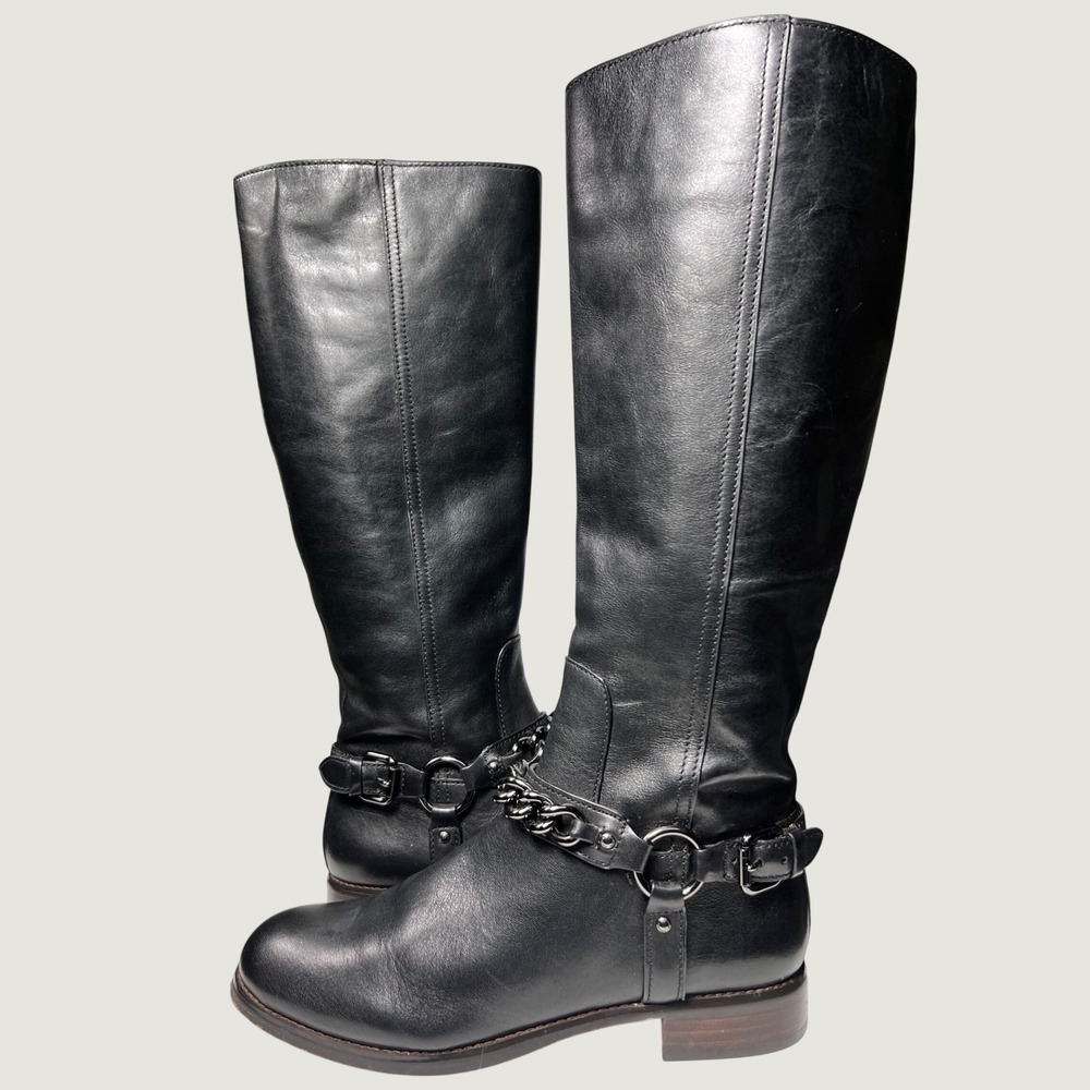 Coach Mabel Black Leather Chain Buckle Riding Boots 5B LNWOT